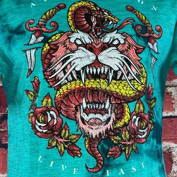 Affliction Black Label Men’s Tiger Rhinestone Short Sleeve T-shirt- XL /3XL -NWT - Picture 4 of 14